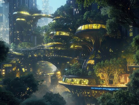 biopunk cityscape with organic architecture buildings merged with giant trees bioluminescent flora cleantech urban planning