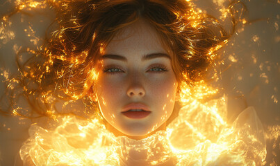 Fantasy Portrait of a Woman in a Burst of Golden Sparks and Magical Light