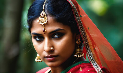 A woman in a red sari and ornate jewelry looks directly at the camera, her dark eyes holding a mysterious gaze