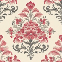 Fototapeta premium Damask mixed with floral designs, seamless repeat, ornate and romantic, illustration seamless pattern fabric, no blur, photo not dark, everything is clear, copy space