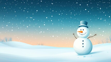 Fototapeta premium A cheerful snowman stands in a serene winter landscape, surrounded by soft snowflakes falling gently from the sky at dawn