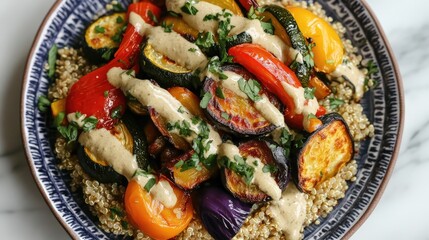 A colorful plate of roasted vegetables with quinoa, topped with a drizzle of tahini sauce and sprinkled with fresh herbs