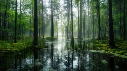 Fototapeta premium Panoramic view of foggy swamp in the forest