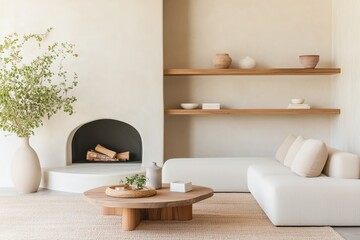 living room with an organic modern design, showcasing a curved stone fireplace as the focal point, with floating wooden shelves on either side