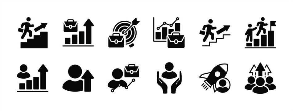 Business career flat icon set. Containing promoted, climbing, growth, grow arrow, rank, success, progress, advancement, improve, achievement, startup, employment, work, development vector illustration