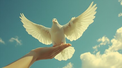 Hands Releasing White Dove Into the Serene Sky
