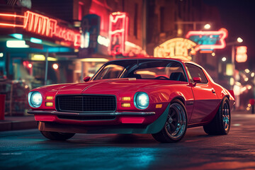 Fototapeta premium The illustrate cartoon vintage car style on the vibrant retro background for wallpaper, an old film poster in the background. 