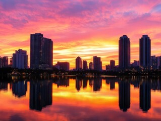breathtaking cityscape silhouette at golden hour towering skyscrapers bathed in warm orange light dramatic sky with vibrant hues of pink and purple reflections in calm water foreground