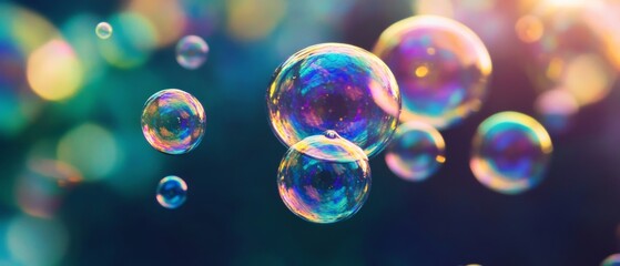 bunch of bubbles that are in the water, Soap bubbles reflecting rainbows Iridescent bubbles with vibrant rainbow reflections