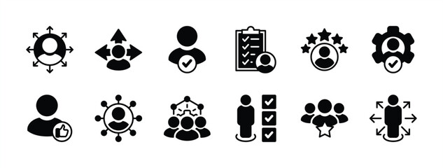 Business skills flat icon set. Containing abilities, teamwork, management, employment, development, connection, work, ​talent, occupation, leadership, competence. Vector illustration