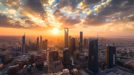 The sunset over the advanced buildings in King Abdullah Financial District, Riyadh, Saudi Arabia 