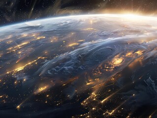 breathtaking view of earth from space showcasing vibrant city lights swirling cloud patterns and the curvature of the planet against the inky blackness of the cosmos