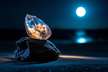 Fototapeta premium Spiritual energy radiating from a crystal, glowing softly as it reflects the moonlight, filling the space with calm and clarity