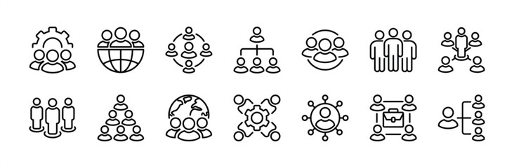 Organisation or organization management thin line icon set. Containing teamwork, group people, hierarchy chart, company, department, connection, team, corporate, office. Vector illustration