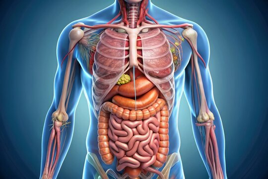 human body system digestion breakdown stomach and intestines internal organs organ system body parts anatomy medical illustration healthcare education learning visual illustration