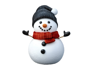 Snowman with black hat and red scarf isolated on transparent or white background