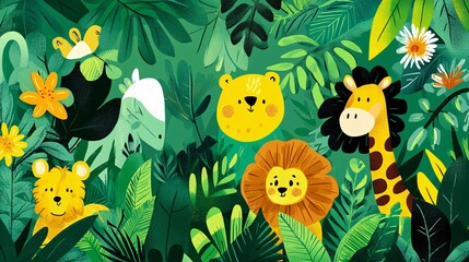 Fototapeta premium Jungle Animals Illustration Cute Cartoon Characters in Green Foliage