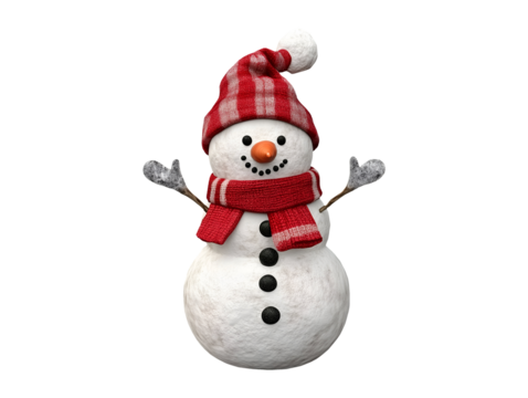 Snowman with striped hat and red scarf isolated on transparent or white background