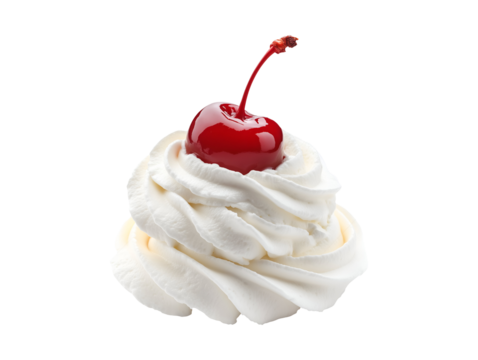 Whipped cream with cherry on top isolated on transparent or white background