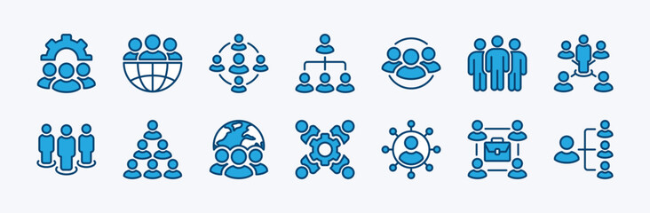 Set of organisation or organization management icon. Containing teamwork, group people, hierarchy chart, company, department, connection, team, corporate, office. Vector illustration