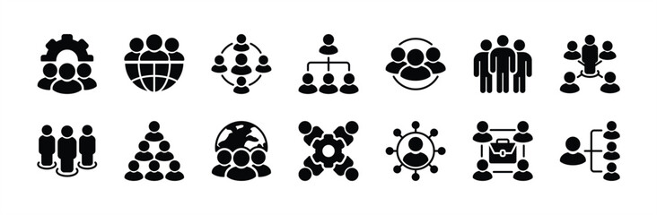 Organisation or organization management flat icon set. Containing teamwork, group people, hierarchy chart, company, department, connection, team, corporate, office. Vector illustration
