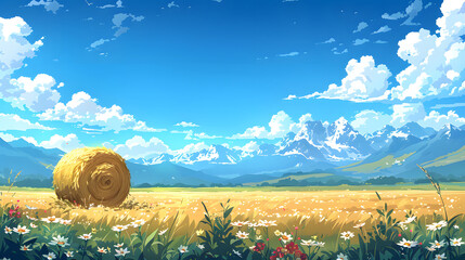 Big and beautiful haystack in countryside with blue sky