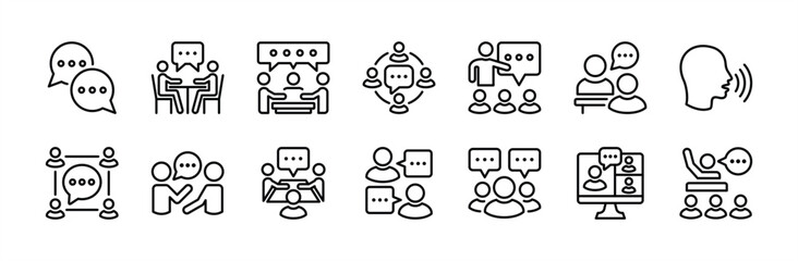 Communication thin line icon vector set. Containing speaking, speech bubble, talking, discussion, consultation, conversation, dialogue, advice, meeting, conference, opinion, debate, teamwork