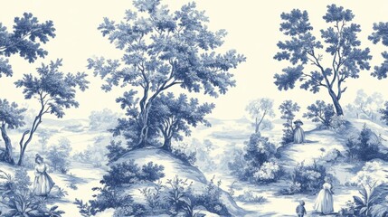 Toile storylike pastoral illustrations, seamless repeat, vintage and scenic, illustration seamless pattern fabric, no blur, photo not dark, everything is clear, copy space