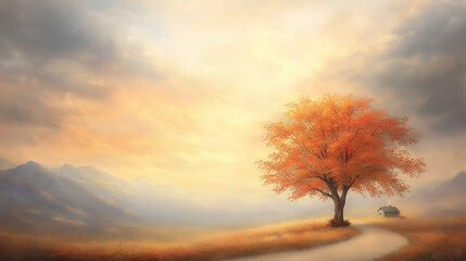 A painting of a tree with a path leading to it