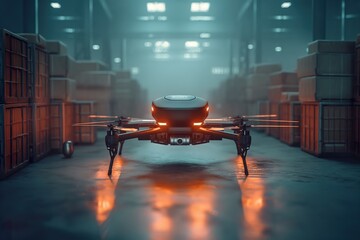 A parcel drone ascends for its delivery flight in a dimly lit warehouse setting during the evening hours