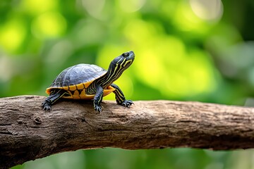 Fototapeta premium Turtle basking on a fallen tree branch, enjoying the warmth of the sun as it stretches its legs and rests
