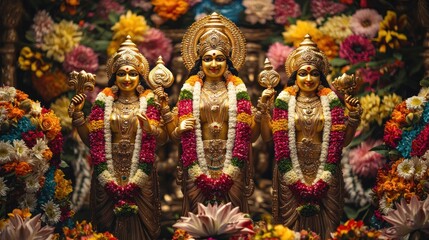 Obraz premium Goddess Laxmi portrait LAKSHMI Beautiful Hindu goddess with golden lotus and colorful flower garlands, holy face with happy smile, wearing yellow dress with red border on chest, full body with detaile
