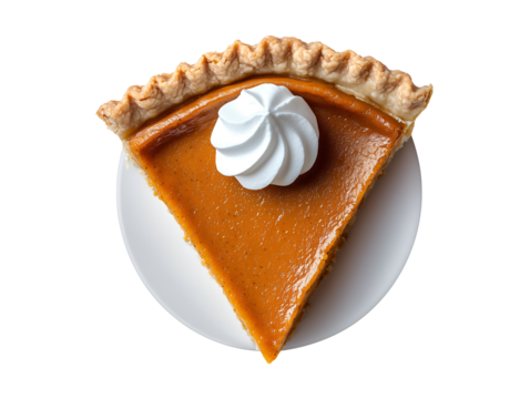 Sweet potato pie slice with whipped cream isolated on transparent or white background