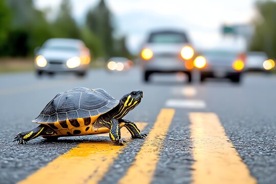 Turtle crossing the road, moving cautiously and patiently as cars slow down to let it pass safely