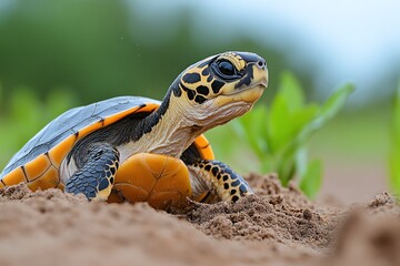 Obraz premium Turtle digging a nest in the soft sand, preparing for the next generation as it follows its natural instincts