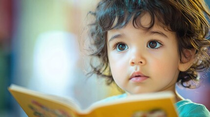 A child listening attentively to a story being read by a parent or teacher, with a look of engagement and curiosity