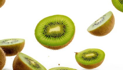 Fototapeta premium Kiwi slices on a green background,no people, photography, color image, studio shot, kiwi fruit, horizontal, freshness, healthy eating, healthy lifestyle, fruit, slice of food, biology, 8456+