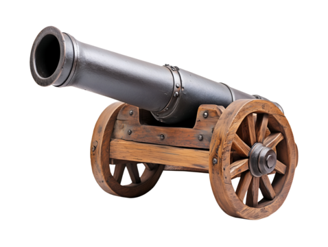 Antique cannon on wooden wheels isolated on transparent or white background