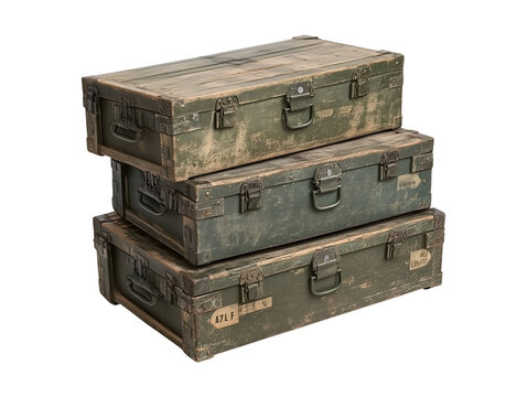 Vintage military crates stack isolated on transparent or white background