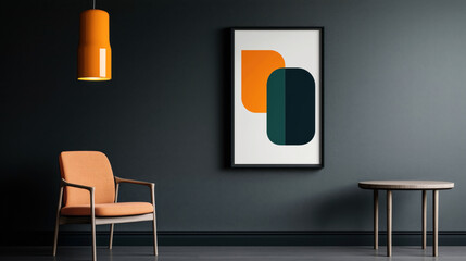 Minimalist interior with a modern orange armchair, wooden side table, and abstract geometric wall art. Hanging orange pendant light adds a pop of color against dark walls.