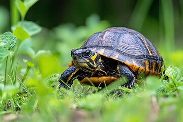 Obraz premium Turtle moving through the grasslands, blending in with the foliage as it slowly navigates its way home