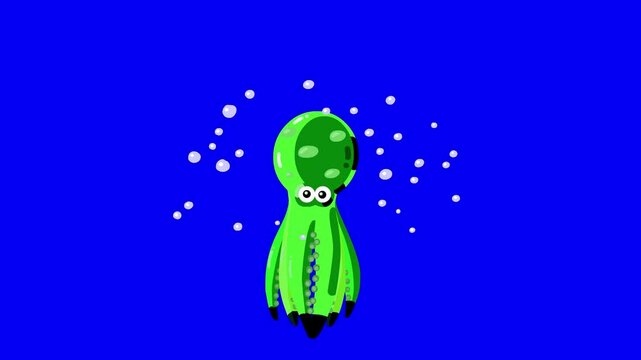 Swimming cartoon animation green octopus with bubbles bluebox. Cute animal squid character on blue box good for keying. Kid animations, intro, fairy tales, etc...