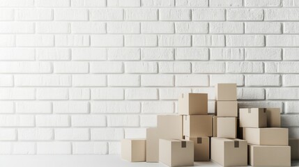 cardboard boxes and copy space over white brick wall By Di Studio