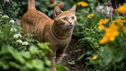 Obraz premium An orange cat explores a vibrant garden filled with colorful flowers.