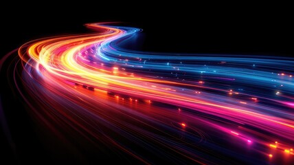 A vibrant, flowing abstract design featuring colorful light trails on a dark background, evoking motion and energy.