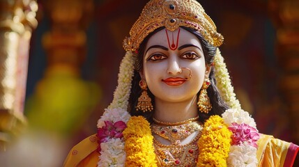 Obraz premium Goddess Laxmi portrait LAKSHMI Beautiful Hindu goddess with golden lotus and colorful flower garlands, holy face with happy smile, wearing yellow dress with red border on chest, full body with detaile