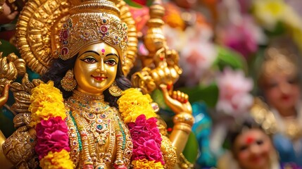 Fototapeta premium Goddess Laxmi portrait LAKSHMI Beautiful Hindu goddess with golden lotus and colorful flower garlands, holy face with happy smile, wearing yellow dress with red border on chest, full body with detaile