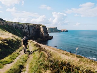 Overweight Cyclist Riding Along Scenic Coastal Path With Ocean and Cliffs