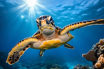 Obraz premium Turtle swimming gracefully through the coral reefs, navigating effortlessly through the vibrant underwater world