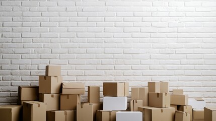 cardboard boxes and copy space over white brick wall By Di Studio